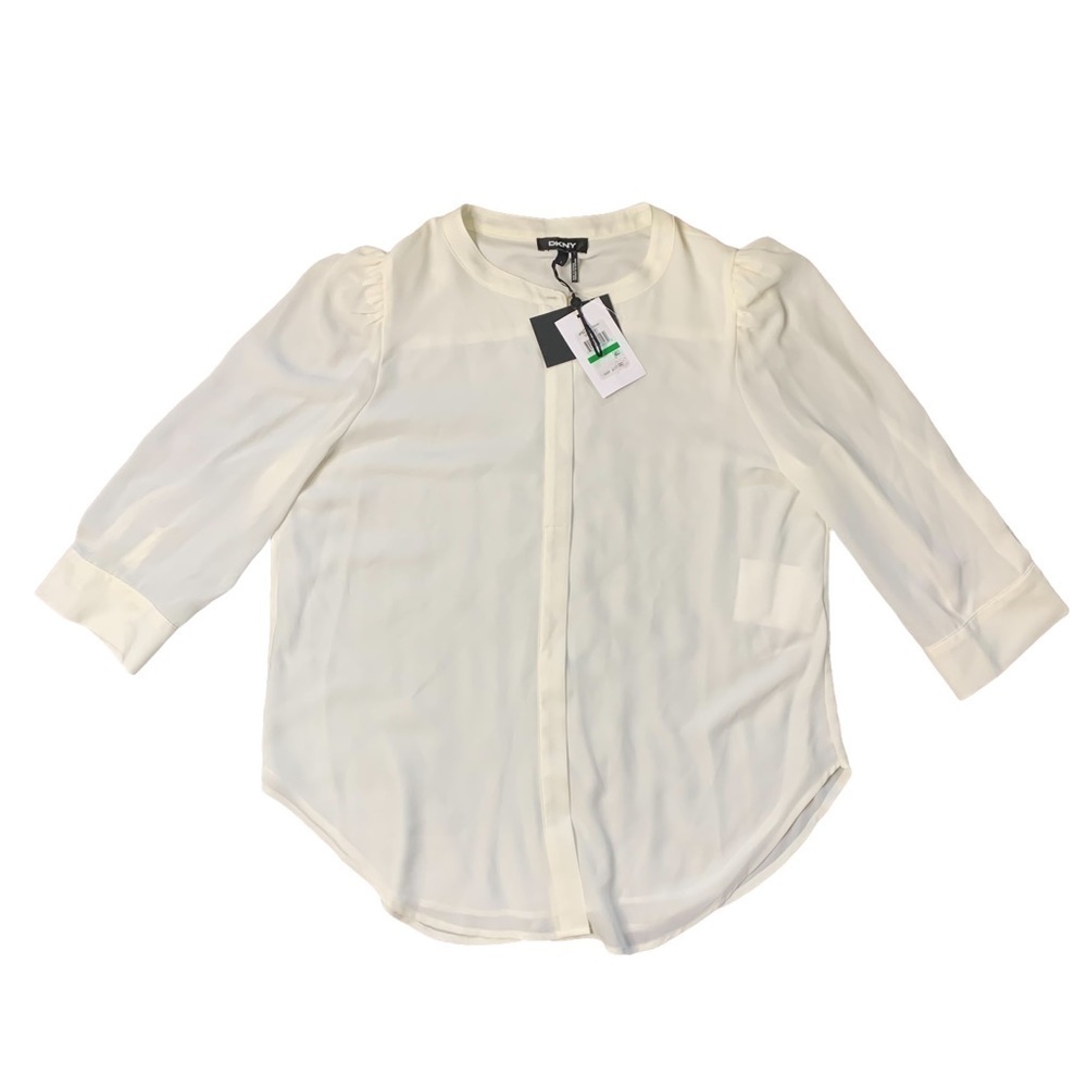 DKNY A Beautiful Storm Cream 3/4 Sleeve Career Work Wear Blouse Large
